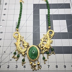 VTG Designer Dragon Statement Necklace, Gold-Tone Metal with Faux Jade Beads