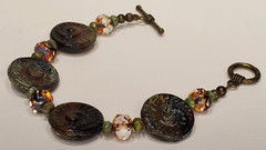 VTG Colorful Glass Beads Brass Toggle Bracelet Boho Art Glass Ammonite Fossils