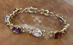 Vintage C.1950s 14Kt Rose Gold Natural Oval Multi-Gemstones Link Bracelet 7.5”in