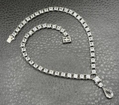 Vintage Art Deco Open Back Crystal Tennis Necklace Silver Tone Y Drop Choker