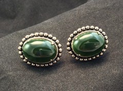 Vintage Sterling Silver Green Onyx Pebbled Screw Back Signed JJJ Earrings