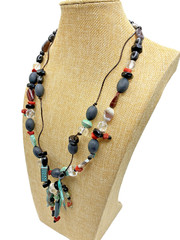 roxsann Red Coral Red Jasper Chalcedony Stone Black Beaded Necklace Vtg