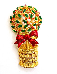 Vintage Gold Tone Red Green Enamel VERO Holly Berry Christmas Topiary Brooch
