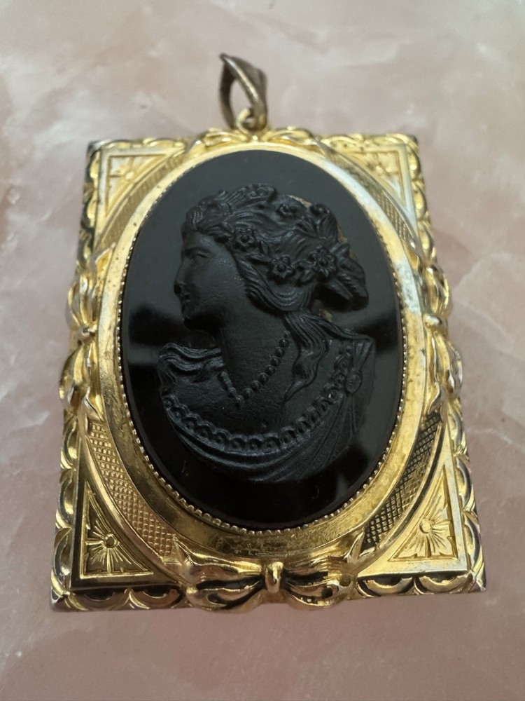 Vintage Black Mourning Cameo Locket Pendant