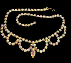 1950s Aurora Borealis AB Clear Rhinestone Gold tone 15″ Choker swag NECKLACE adj
