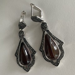 QSYZP Silver Marcasite Banded Agate Sardonyx Teardrop Dangle Earrings Vintage
