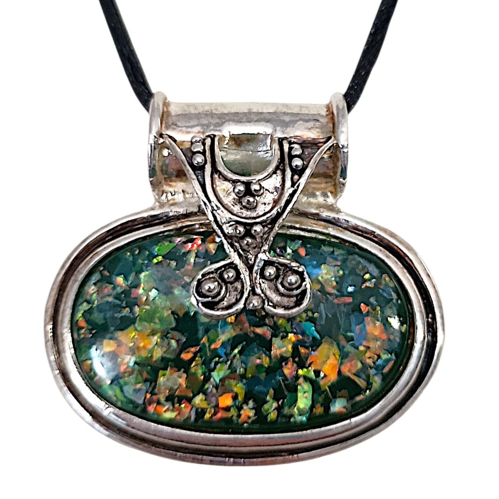 Faux Fire Opal Corded Pendant Vintage Large Silver Tone Chunky Artisan Boho Chic