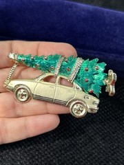 AJC Large Christmas Brooch Bringing Home the Tree with Car Gold Tone and Enamel