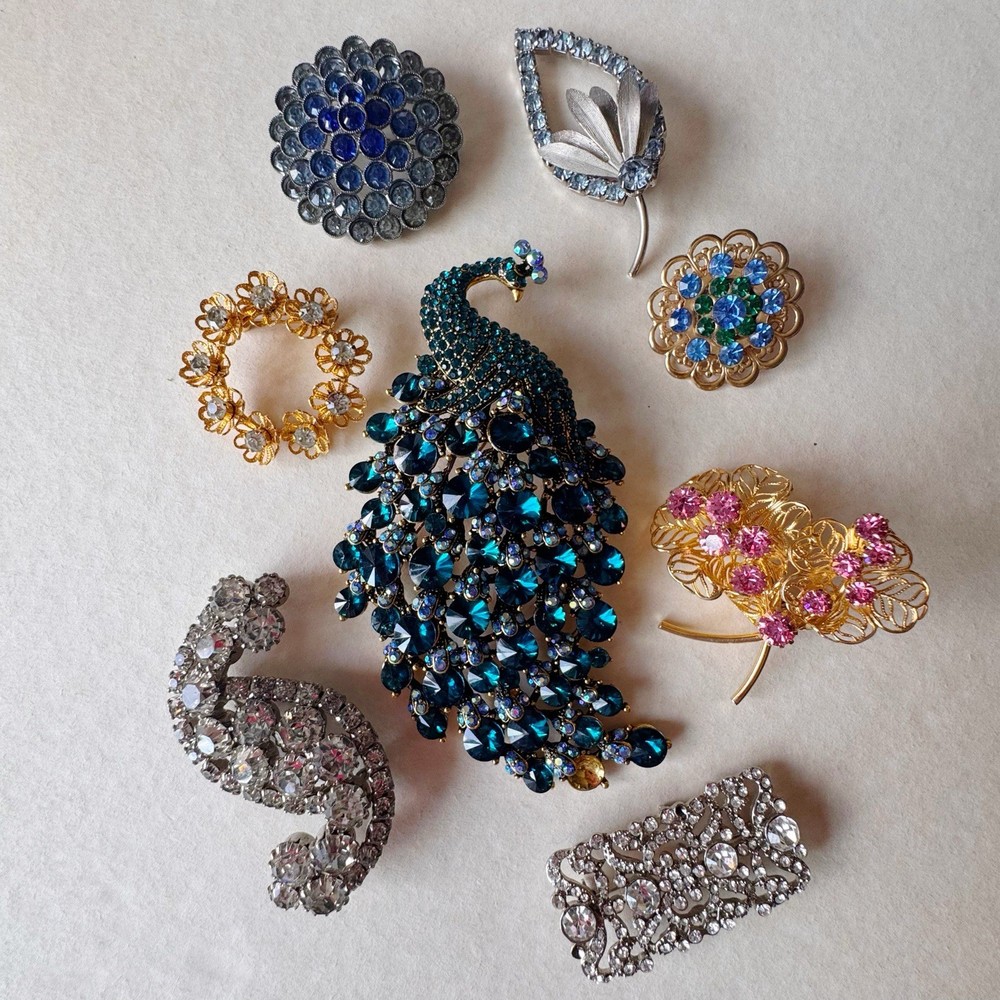 Vintage Rhinestone Brooch Lot 8pc Peacock Blue Crystal Sparkle Statement Mix