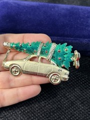 AJC Large Christmas Brooch Bringing Home the Tree with Car Gold Tone and Enamel