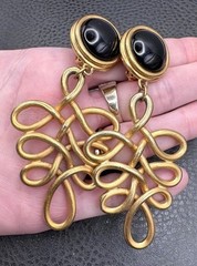 Vintage Huge 80s Runway Dangle Gold Tone Black Filigree Loop Drop Clip Earrings