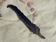 Vintage Blue Enamel Feather Brooch Pin Gold Tone Long Quill Nature Jewelry