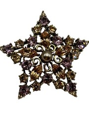 Vtg Signed GRAZIANO Gold-tone Pink & Topaz Color Rhinestone Star Brooch