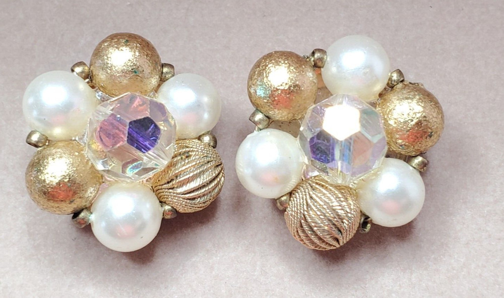 Vintage Lisner Clip On Earrings Gold Tone Pearl Bead Cluster Clear AB Crystal