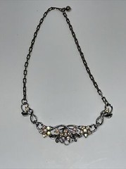 VTG Aurora Borealis Rhinestone Collar Necklace Silver Tone Floral Leaves Wedding