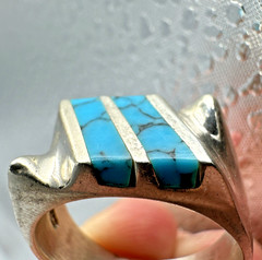 Vtg Taxco 925 Sterling Mens Turquoise Inlay Ring Signed Sz 11.75 Modernist 13.1g