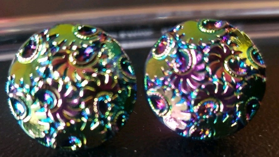 Czech Plastic Iridescent Peacock Carnival Botanical Green Blue glass Clip On