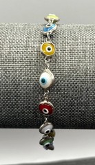 Vintage Sterling Silver 925 Multicolor Glass Evil Eye Link Bracelet 7.5″