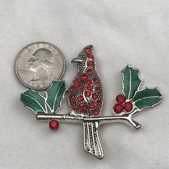 KC Brooch Red Green Enamel Jeweled Vintage Cardinal Holly Christmas Holiday