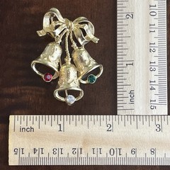 Vintage Christmas Bell’s Brooch Gold Tone With Red White And Green Rhinestone’s