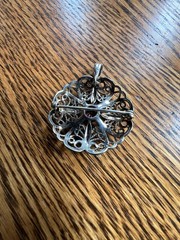 Vintage Filigree Floral Sterling Silver Red Stone Brooch Pendant