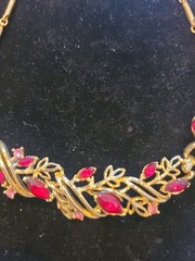 Necklace bib style goldtone w/ red & pink rhinestones. MCM. Vintage