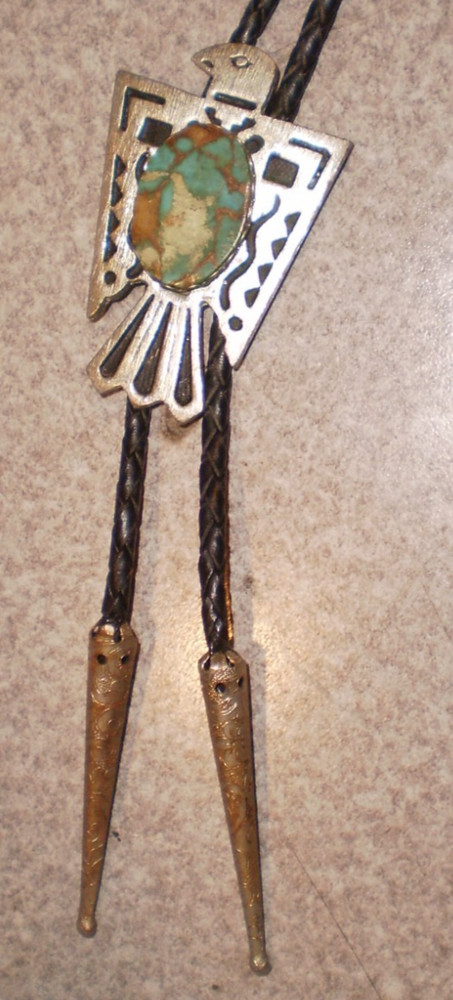 Vintage Bell Cabochon Turquoise mix with Sterling Silver Thunderbird Bolo Tie