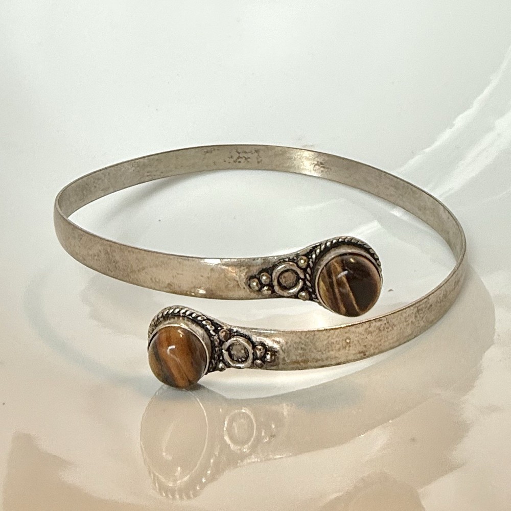 Ethnic Tiger’s Eye Gemstone Silver Tone Adjustable Cuff Bracelet / Arm Band 9.5”