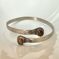 Ethnic Tiger’s Eye Gemstone Silver Tone Adjustable Cuff Bracelet / Arm Band 9.5”