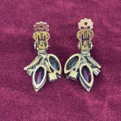 Vintage Mid Century Multicolor Rhinestone Leaf Cluster Clip On Earrings