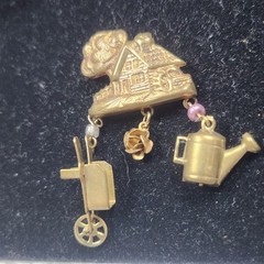 Vintage Cottage Garden Brooch with Wheelbarrow Rose Watering Can Charms