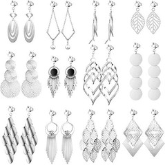 12 Pair Clip on Earrings Dangle Drop Dangle Earrings Set Bohemian Silver