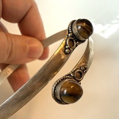Ethnic Tiger’s Eye Gemstone Silver Tone Adjustable Cuff Bracelet / Arm Band 9.5”