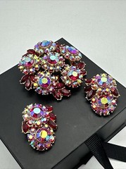 Vintage Rare Crown TRIFARI Red AB Rhinestone Contessa Brooch & Earring Set #791