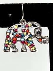 Vintage Elephant Dangle Earrings Silver Tone Multicolor Beaded Boho Hippy Global