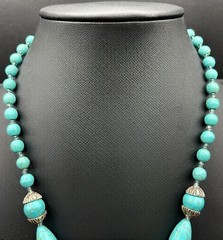 CHINESE TURQUOISE Necklace 70s Tassel Y-Drop 18” Silver Plated Statement #1 EUC