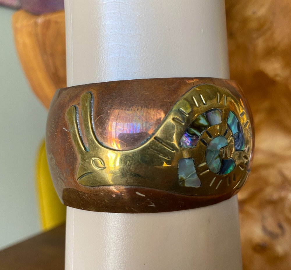 Vintage Copper Cuff Bracelet Brass Snail Abalone Shell Inlay