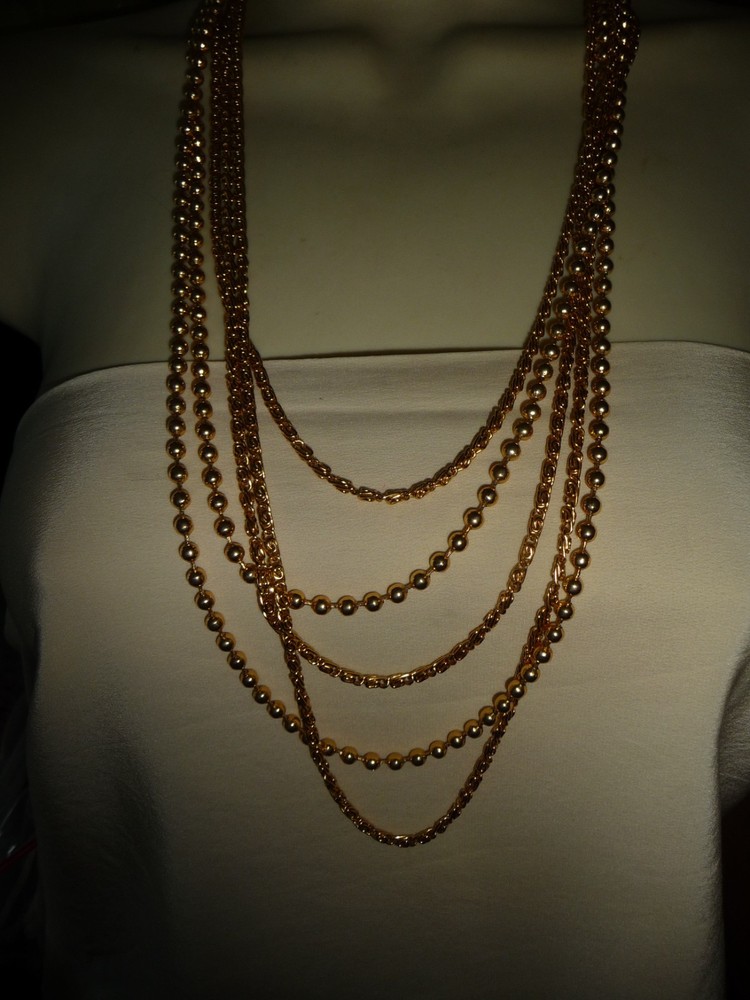 LAYERED 5 STRANDS MIX GOLD TONE CHAINS & BALL BEAD CHAIN NECKLACE #23/2