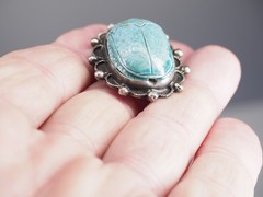 Antique brooch pin Egyptian scarab silver & ceramic jewelry signed in two places