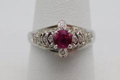 SWEET ANTIQUE 18K SOLID WHITE GOLD DIAMOND RUBY STONE RING