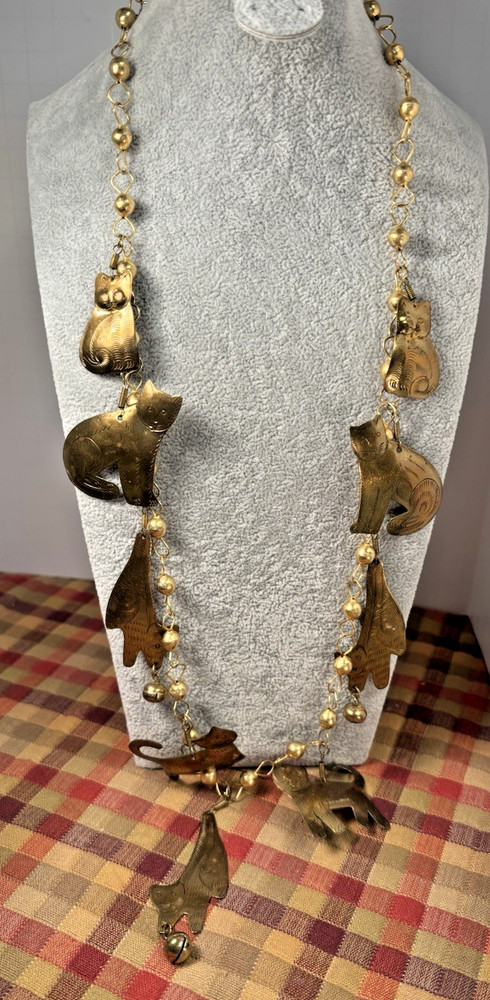 Vintage Brass Dangle Cats Charm Necklace Artisan 32″