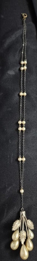 Vintage Faux Pearl Teardrop Double Strand Negligee Necklace Silver Tone