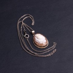 Vintage Silver 835 Necklace with Rose Carving Handcrafted Shell Pendant 1930s