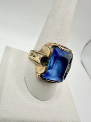 Antique Old VTG 10k Gold Filled Signed Ring SZ11 Blue Glass Damage 9.3gram READ
