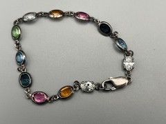 Vintage Silver Plated Multi Color Crystal Bracelet Bezel Oval Rainbow Stones