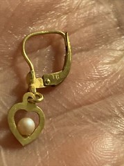 Vintage Gold Precious Metal W Germany Open Heart Pearl Dingle Earrings Signed FB