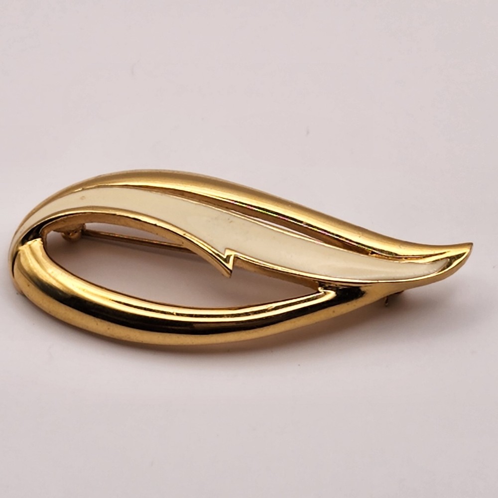 Monet Gold And White Abstract Brooch Metal and Enamel Signed
