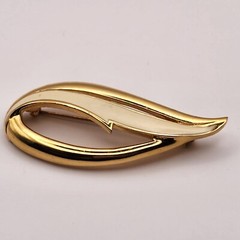 Monet Gold And White Abstract Brooch Metal and Enamel Signed
