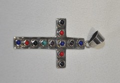 Vintage Artisan Coral Lapis Onyx Sterling Silver .925 Cross Pendant – 9.6 grams
