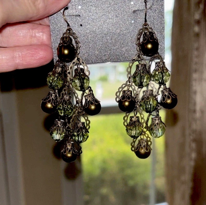 Retro Antiqued Bronze Tone Green Chandelier Dangle Earrings Glass Beads Filigree